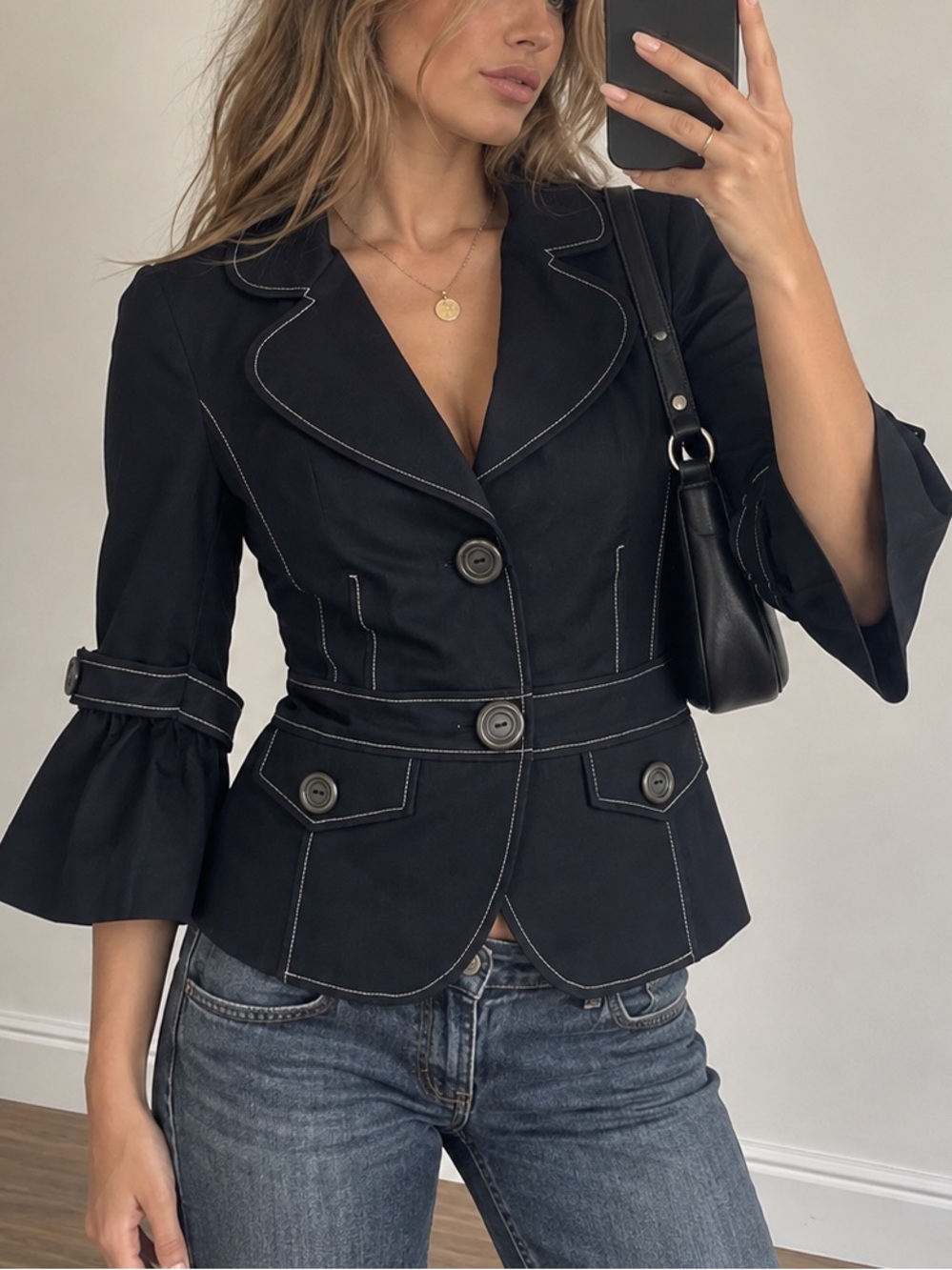 Y2K Navy Blue Contrast Stitch Bell Sleeve Fitted Blazer Jacket Women 4